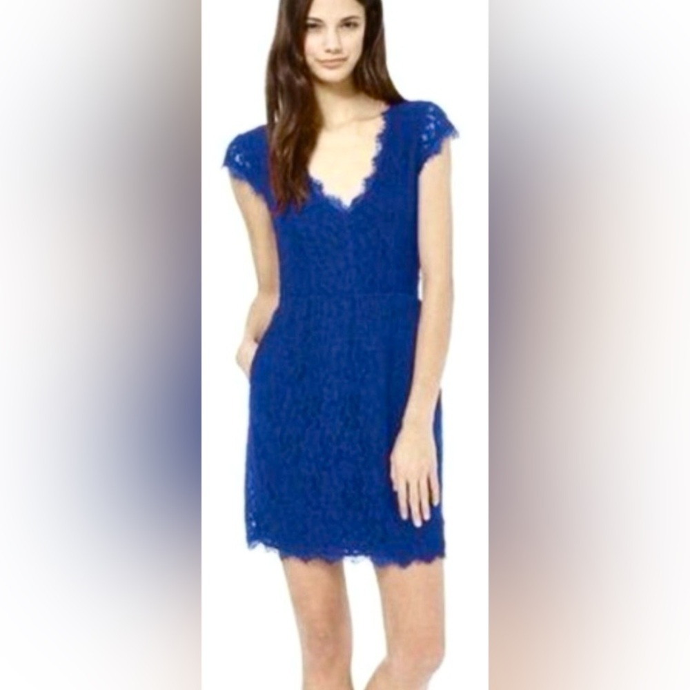 Aritzia Babaton Lace Mini Dress Low Cut Cap Sleeves in Royal Blue color size 2